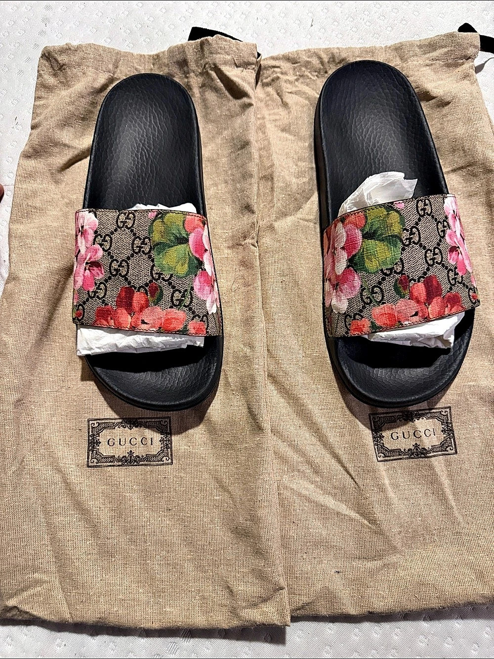 Gucci GG Supreme Blooms Slide Sandals Black & Pink